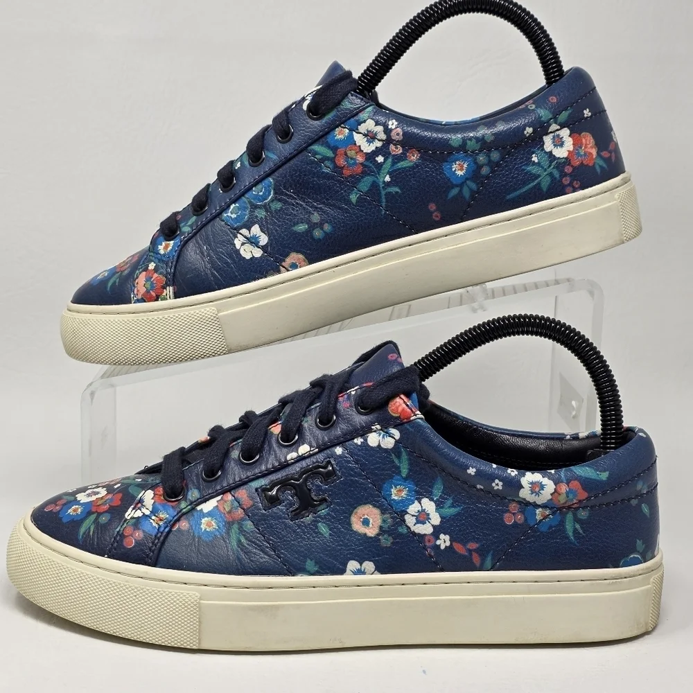 TORY BURCH Floral Multicolor Leather Sneakers 39425 Womens Size 7.5 Pre-owned